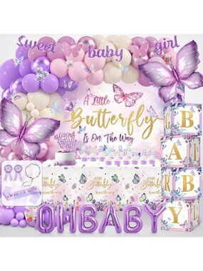 Butterfly Baby Shower Decor Set - Pink & Purple Backdrop, Balloons, Cake Toppers